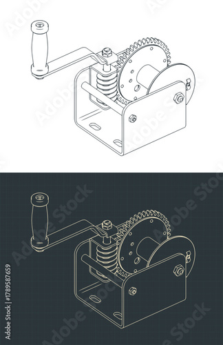 Worm gear hand winch isometric drawings