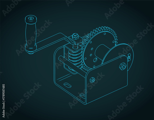 Worm gear hand winch isometric blueprint