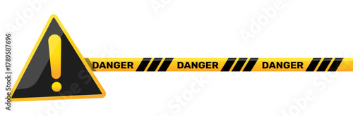 Triangular warning sign with exclamation mark and yellow border tape with word danger. Attention zone. Prohibited cordon. Isolation barrier. Stop ribbon. Vector beware boundary element
