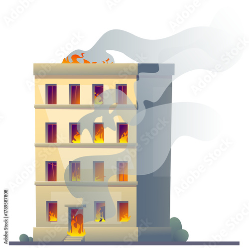 Severe fire in apartment building. Flames and fume smoke clouds in windows of skyscraper. Emergency departure. Dangerous burning house. Property insurance. Home destroy. Vector concept