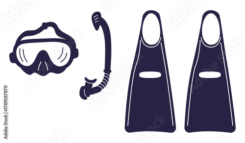 Scuba diving mask. Snorkel and fins. Ocean beach leisure. Water sport. Underwater swimming. Marine diver equipment. Undersea swimmer. Vector set of dark silhouettes on white background