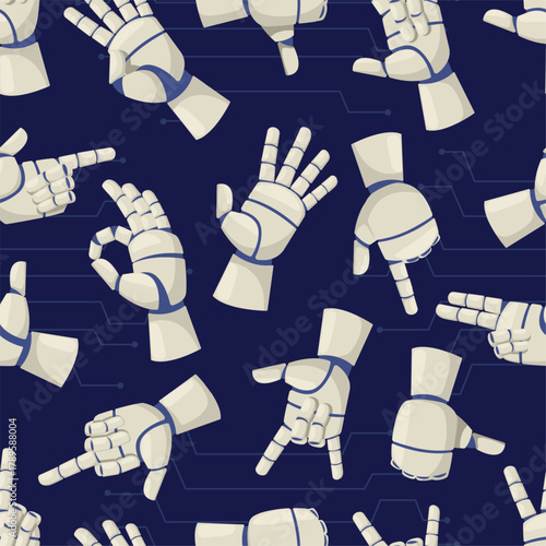 Robotic arms or prostheses with different gestures. Bionic hands seamless pattern. Artificial intelligence technology. Automatic electronic palms. Cyborg droid limbs. Vector background