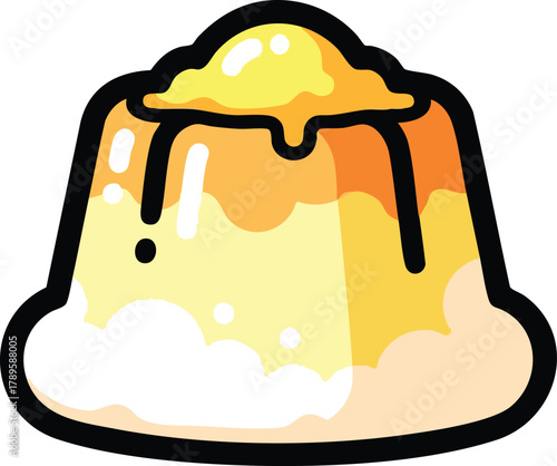 A Cartoonish Yellow Jelly Dessert Topped With Syrup And Cream On A White Background