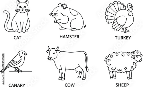 Animal icons, cat, cow, sheep, turkey, canary, hamster, farm animals, pets, black line art, minimal vector illustration
