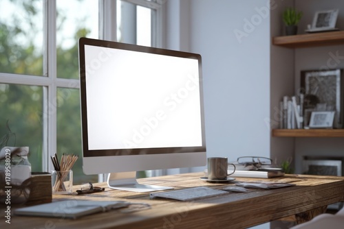 Wallpaper Mural scenic work desk with computer mockup, blank screen, front view, close-up, modern office background, soft lighting, minimalist style, professional photography, Torontodigital.ca