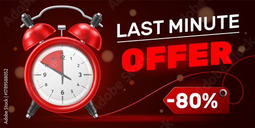 Realistic red alarm clock with last minute offer. Limited price discount. Shopping promotion. Watch dial. Seconds countdown. Sale marketing. Advertising banner vector design template