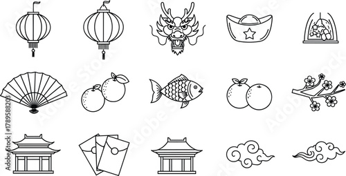 Chinese culture icons, lantern, dragon, ingot, red envelope, cherry blossom, fan, building, line art, minimal vector, celebration symbols