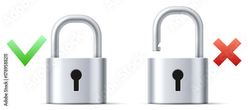 Realistic metal padlocks with correct and incorrect symbols. Safe key. 3D interlock mechanisms. Protective encryption. Blocked or opened lock. Security verification. Vector objects set
