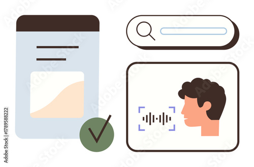 Voice scanning interface, text search bar, verification checkmark, and report analytics section. Ideal for AI, voice technology, search tools, authentication, analytics user experience simple flat