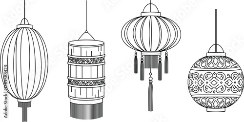 Chinese lantern icons, traditional design, festival decoration, line art, minimal vector, black outline, cultural symbols, ornate shapes, celebration graphic