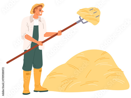 Male farmer uses pitchfork to gather dry hay. Autumn farm work. Agricultural worker throwing hay with hayfork. Countryside farming job. Village ranch haystack. Straw stack. Vector concept