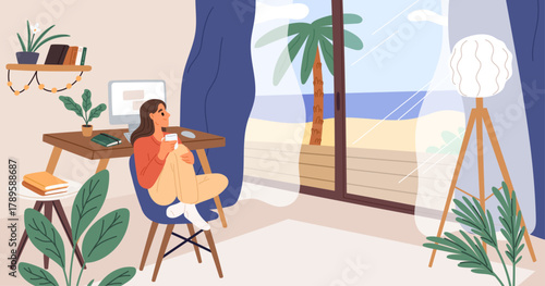 Happy freelance girl working remotely relaxes in comfortable hotel room on ocean coast. Freelancer sitting on armchair at computer desk. Summer vacation. Distance job. Vector concept