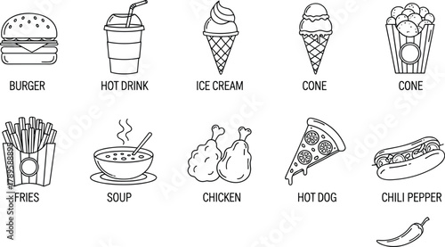 Fast food icons, burger, fries, hot dog, ice cream, soup, chicken, snacks, line art, minimal vector, black outline