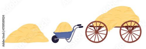 Collecting and transporting hay using garden cart and large wooden wagon. Farming haylofts. Livestock forage. Ranch haycock. Trolley for draw straw. Vector agriculture rustic elements set