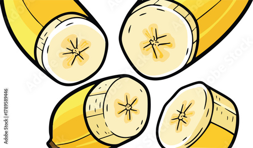 Four Sliced Yellow Bananas Viewed From Above Against a White Background with Yellow Peel and White Flesh Inside