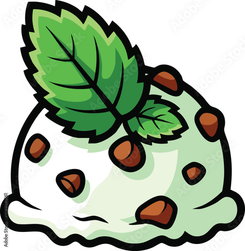 Scoop of Mint Chocolate Chip Ice Cream with Fresh Mint Leaf Topping and Brown Chocolate Chips