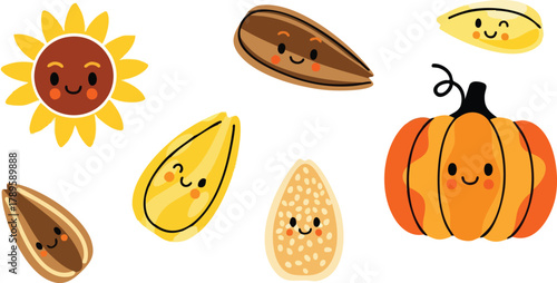 Cute Pixel Art Sunflower Pumpkin And Various Seeds With Happy Faces Isolated On White Background