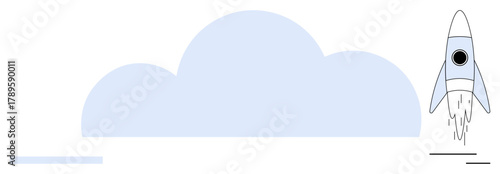 Rocket taking off near a blue cloud, symbolizing startup growth, innovation, technology, success, progress, exploration, and digital transformation. Ideal for business tech and startup themes in