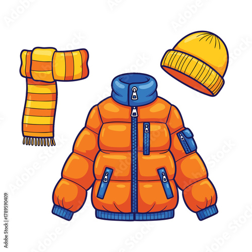Cartoon winter clothing set with an orange puffer jacket yellow beanie and striped scarf.