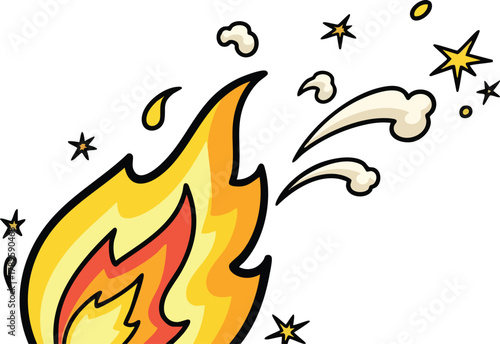 Cartoon Fire With Smoke And Stars On White Background