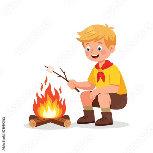 Cheerful blonde boy scout in a yellow uniform roasting marshmallows over a campfire.