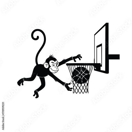 Monkey playing basketball silhouette scoring point dunk cute animal vector illustration