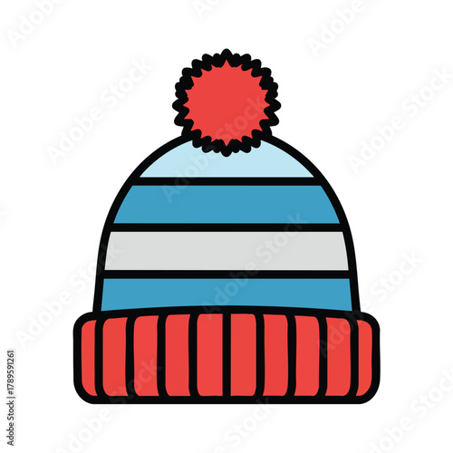 Colorful striped winter beanie hat with a fluffy red pompom and ribbed cuff.