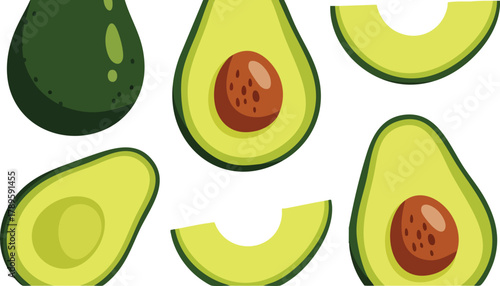 Pixel Art Avocado Halves and Whole Fruit on White Background
