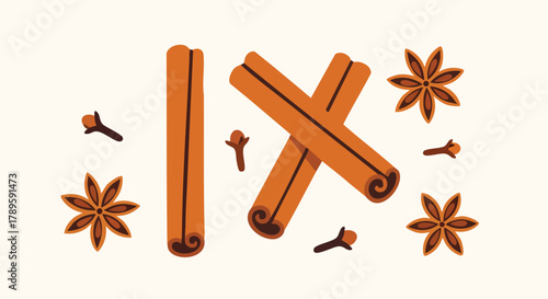 Arrangement Of Cinnamon Sticks Star Anise And Cloves On A Light Beige Background
