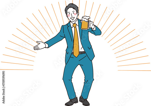 ビールで乾杯音頭を取るビジネスマンの男性のイラスト