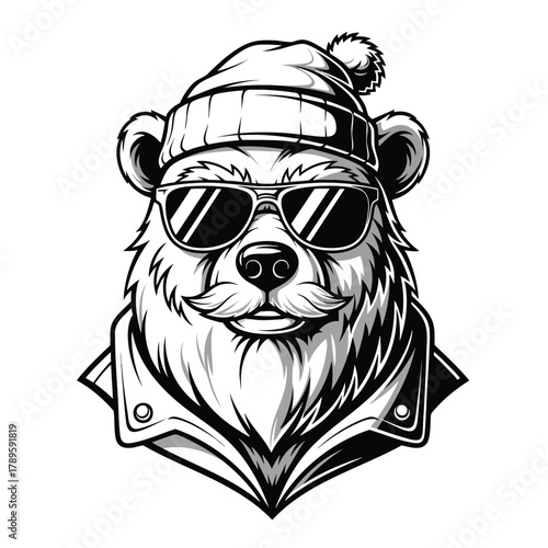 Cool hipster bear head with a pompom beanie sunglasses and a stylish mustache wearing a jacket in a monochrome illustration.