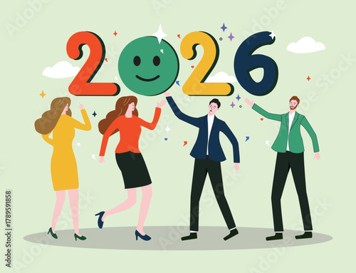 Festive illustration celebrating Happy New Year 2026, showcasing a diverse group of people joyfully gathered amidst vibrant colors and confetti, symbolizing happiness, unity, and celebration.