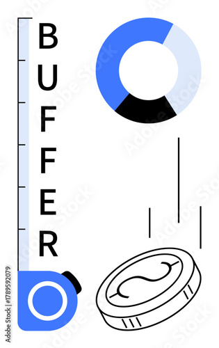 Buffer gauge tracking progress, falling coin symbolizing finance, circular chart emphasizing analysis. Ideal for saving, budgeting, financial goals, performance tracking, progress, investments