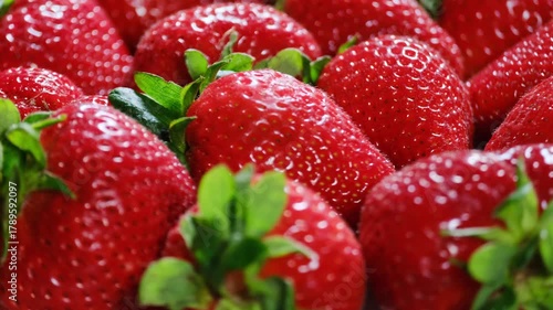 Macro close-up video of fresh ripe strawberries showing juicy red texture, natural color and freshness