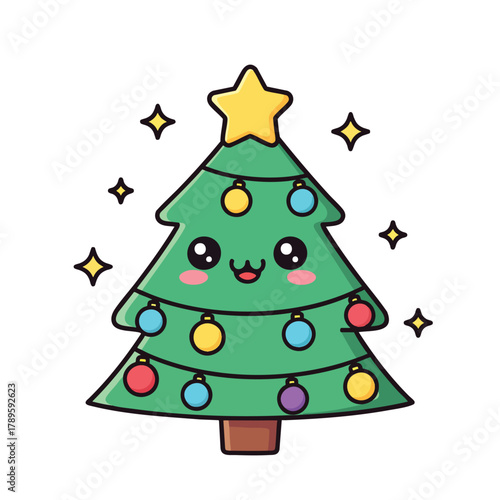 Cute kawaii Christmas tree with a smiling face colorful ornaments and a yellow star topper.