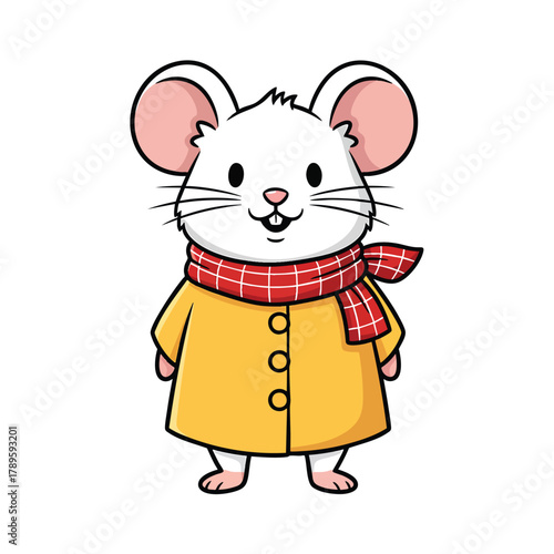 Cute white cartoon mouse character wearing a yellow coat and red plaid scarf.