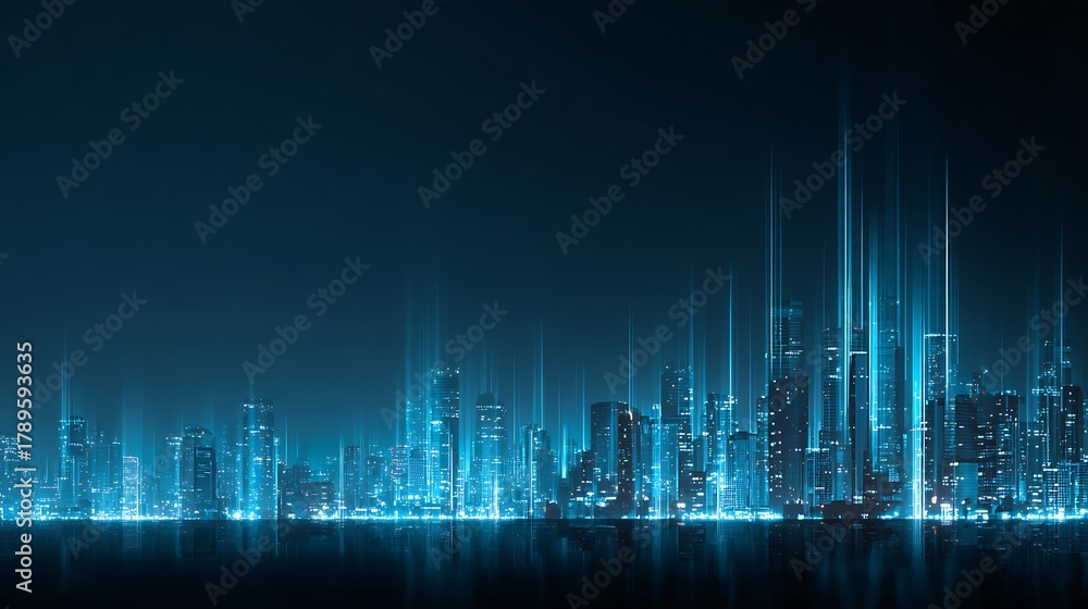 Fototapeta premium A glowing futuristic skyline filled with radiant finance energy lines representing digital transaction power.
