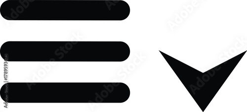 Black hamburger menu icon and down arrow symbol on white navigation interface vector