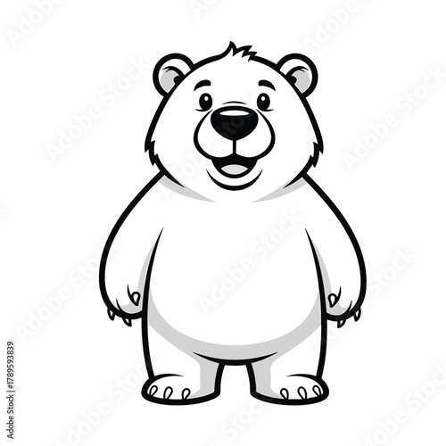 Friendly cartoon polar bear standing with a happy smile black and white line art illustration.