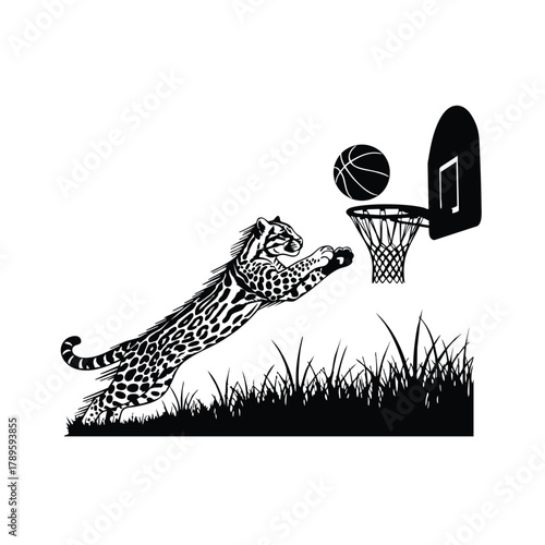 Ocelot playing basketball vector illustration with wild cat jumping to make slam dunk