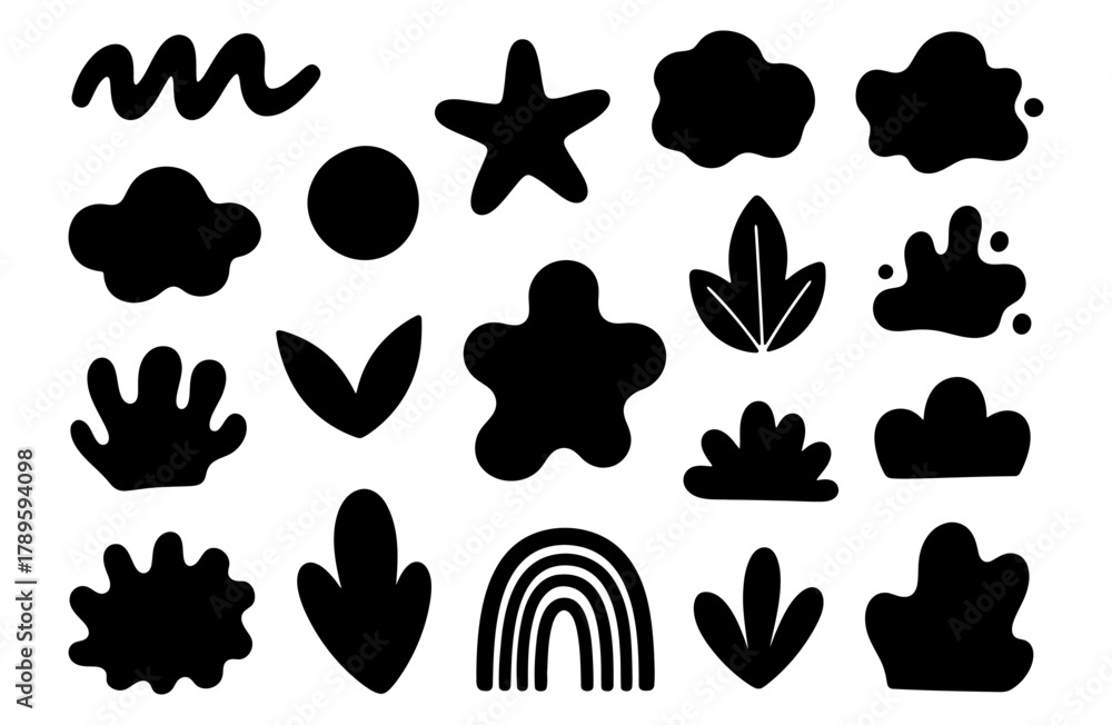 Fototapeta premium Set of black abstract organic silhouette shapes including rainbow, star, leaf and cloud