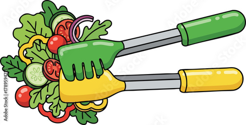 Pixel art illustration of salad tongs holding fresh salad ingredients on white background