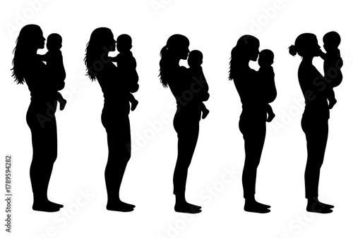 Set of five mother and baby silhouettes standing in profile