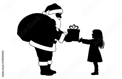 Black silhouette of santa claus with a sack giving a present box to a little girl