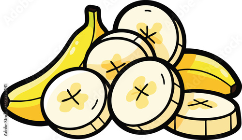 Yellow Ripe Bananas And Sliced Banana Segments On White Background