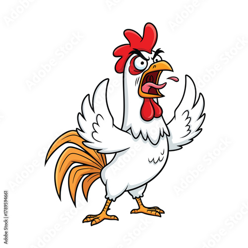 Furious cartoon rooster with a red comb screaming with its wings spread wide.