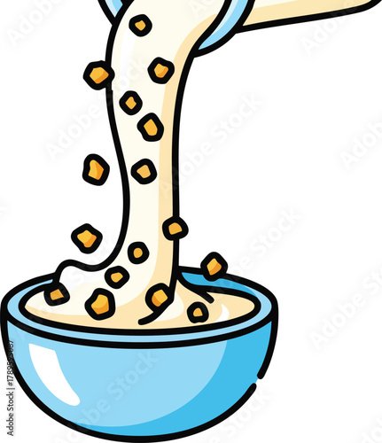 Pouring Cereal Into A Blue Bowl With Milk Isolated On White Background