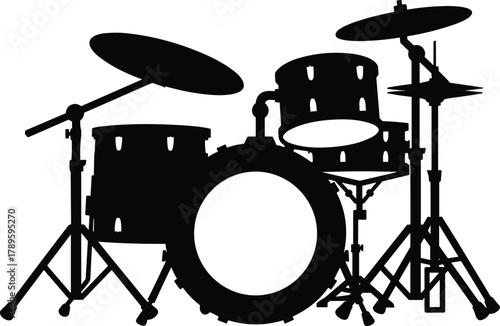 Black silhouette of a drum kit with cymbals and stands on white background drums percussion
