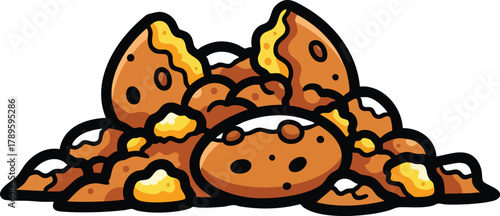 Pile of cartoon cookies with melted yellow topping and white accents on a transparent background
