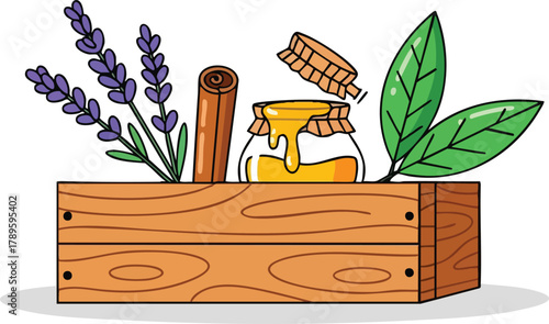 Herbal Remedy Ingredients Wooden Crate Lavender Cinnamon Honey Jar Green Leaves Nature Elements